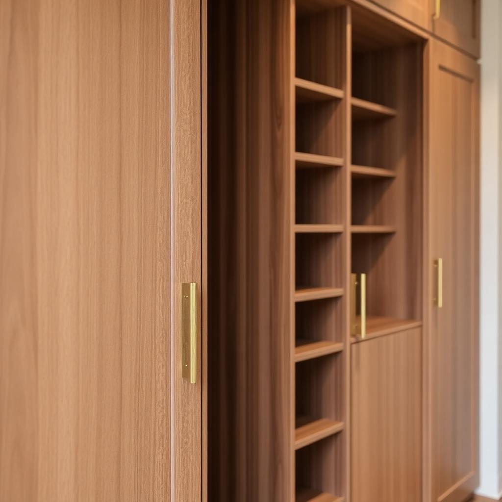 Detail of custom-fitted wardrobe cabinetry with brass handles
